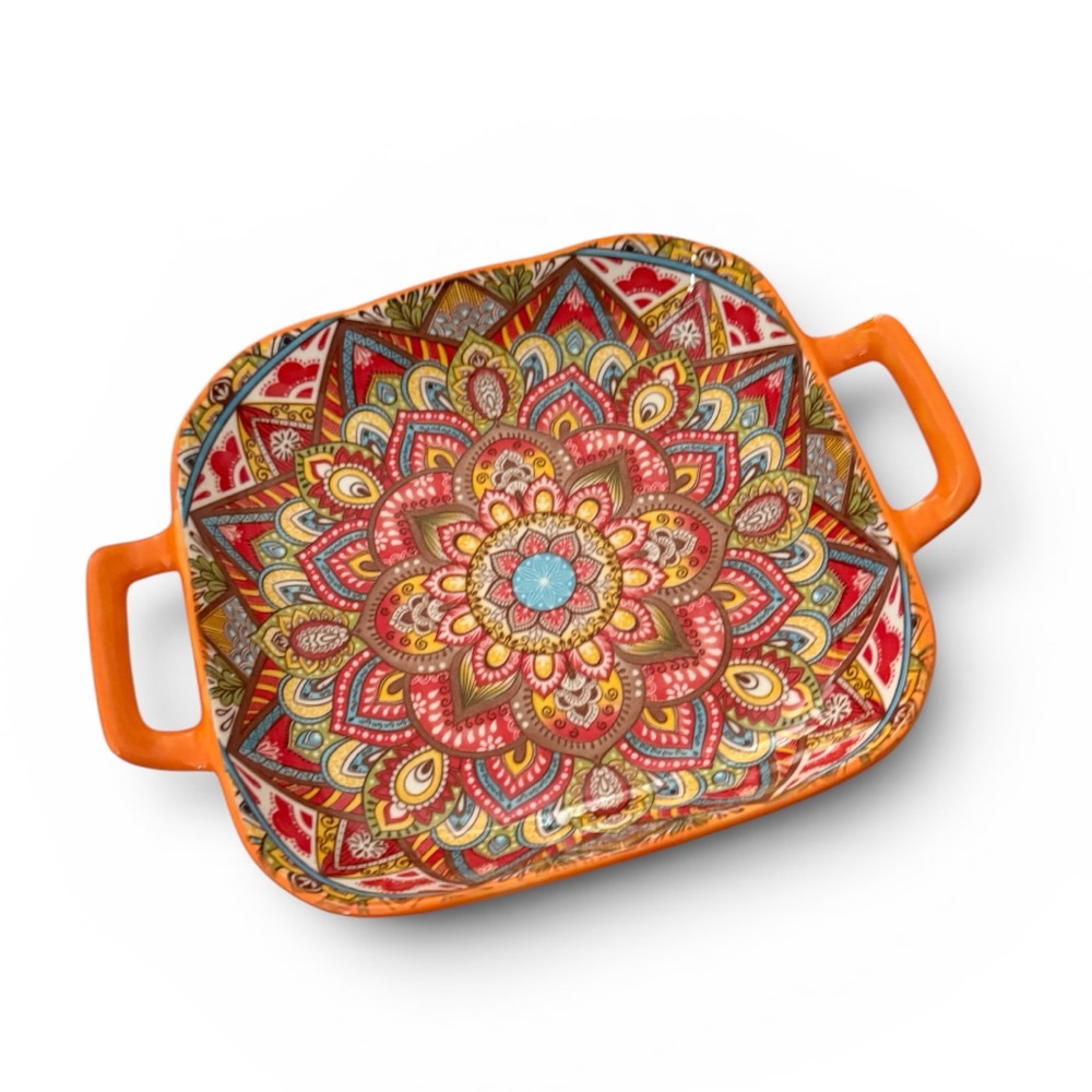 Colorful Orange Mandala Ceramic Serving Dish with Handles Plate